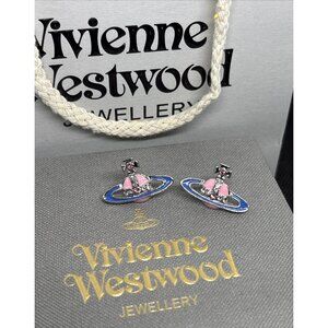 Vivienne Westwood Small Silver Logo Earrings Blue Pink Earrings Accessory W/ Bag
